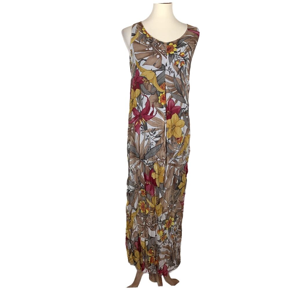 Fall Floral Crinkle Maxi Dress Brown MEDIUM Modest Chic French Designer $170 NEW